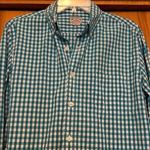 J. Crew Teal and White Gingham Button-Down Shirt Traditional Fit Size Medium